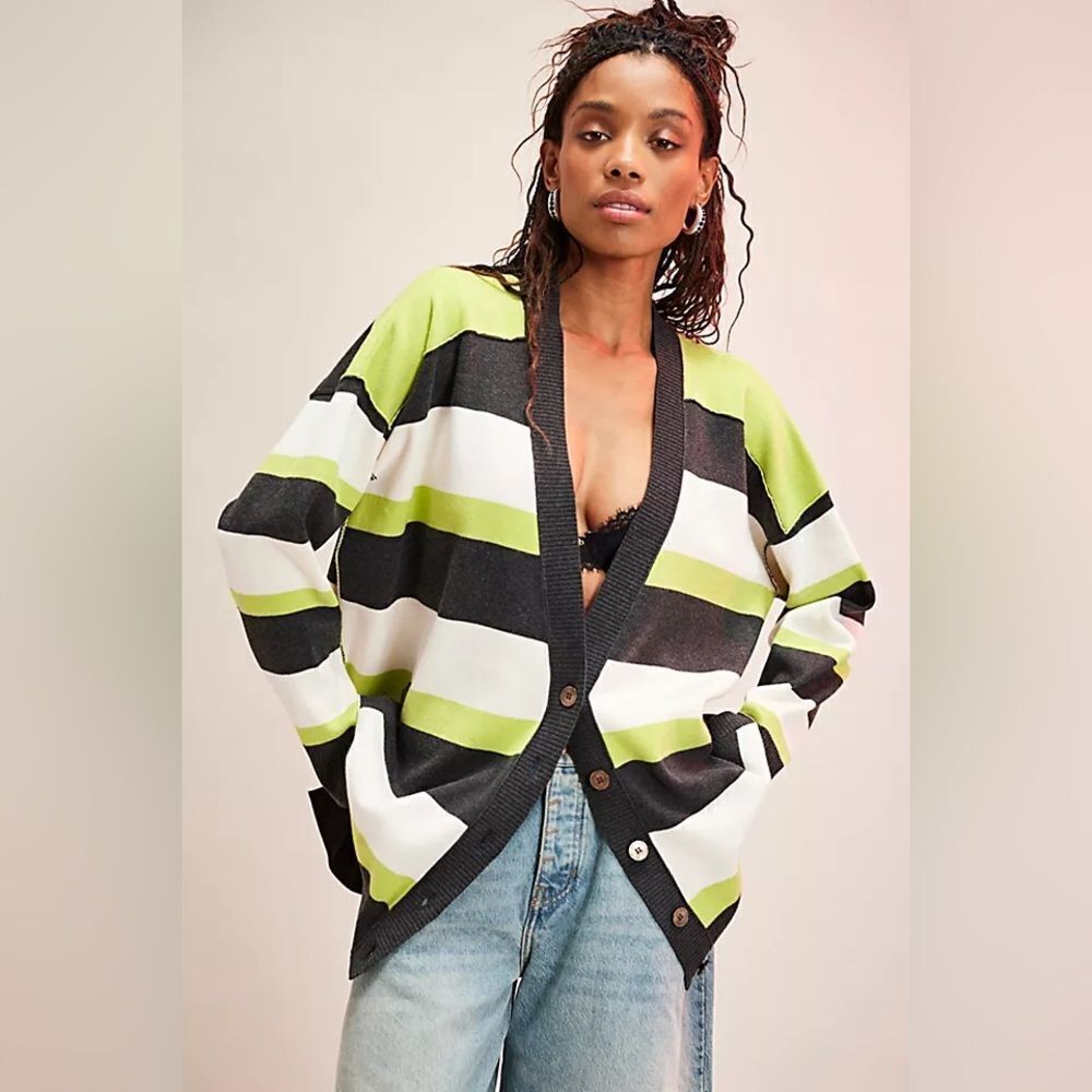 Free People A League of Her Own Striped Cardigan Carbon Lime Combo